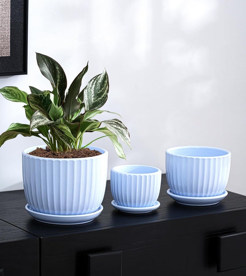 Ton Sin Sky Blue Ceramic Flower Pots, 4"+5"+6" Inch Small Succulent Planters with Drainage Hole,Modern Indoor Decorative Plant Pots Set of 3,Garden Pots with Saucer(Blue) - Image 2